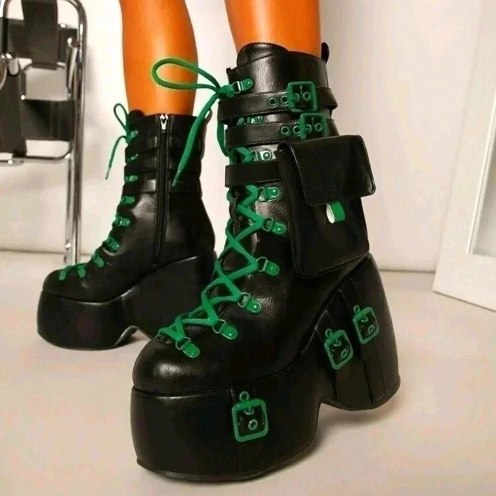 Platform buckle green black punk rock Gothic stiletto shoes boots zipper fashion